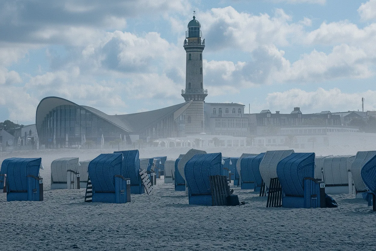 Leuchtturm und Strandkörbe am Strand von Warnemünde