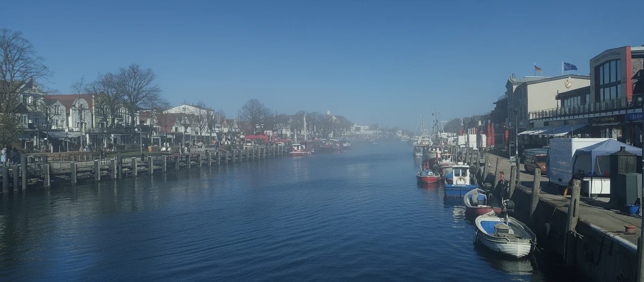 Fischerboote und Häuser am Alten Strom in Warnemünde